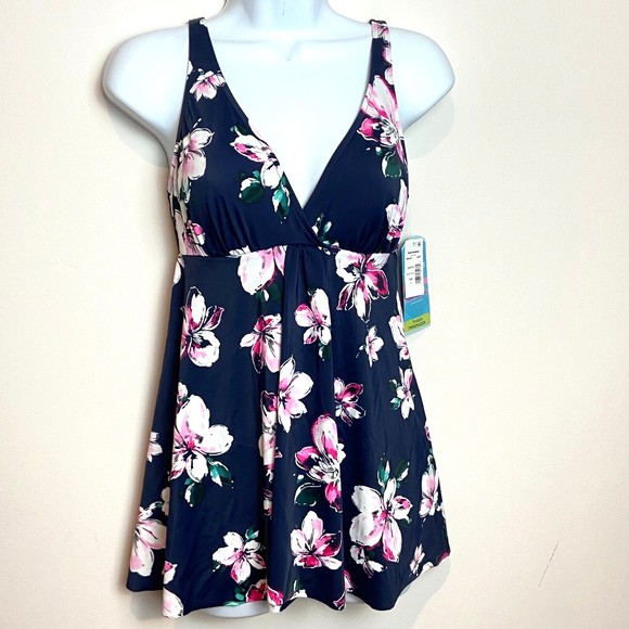 NWT Swim Solutions Modest Swim Suit Dress Thigh Minimizer Blue Floral Sz 10 - Picture 1 of 7